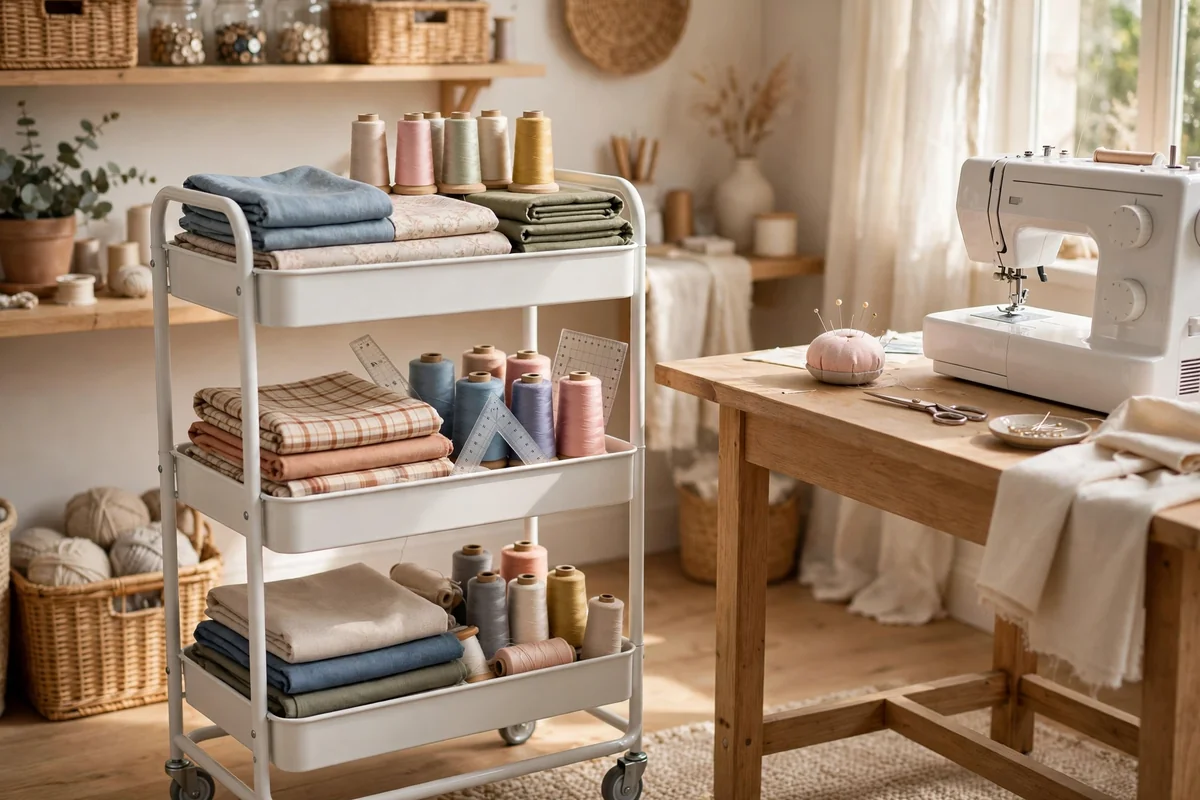 White three-tier rolling trolley holding project fabrics, thread spools and tools beside a sewing table