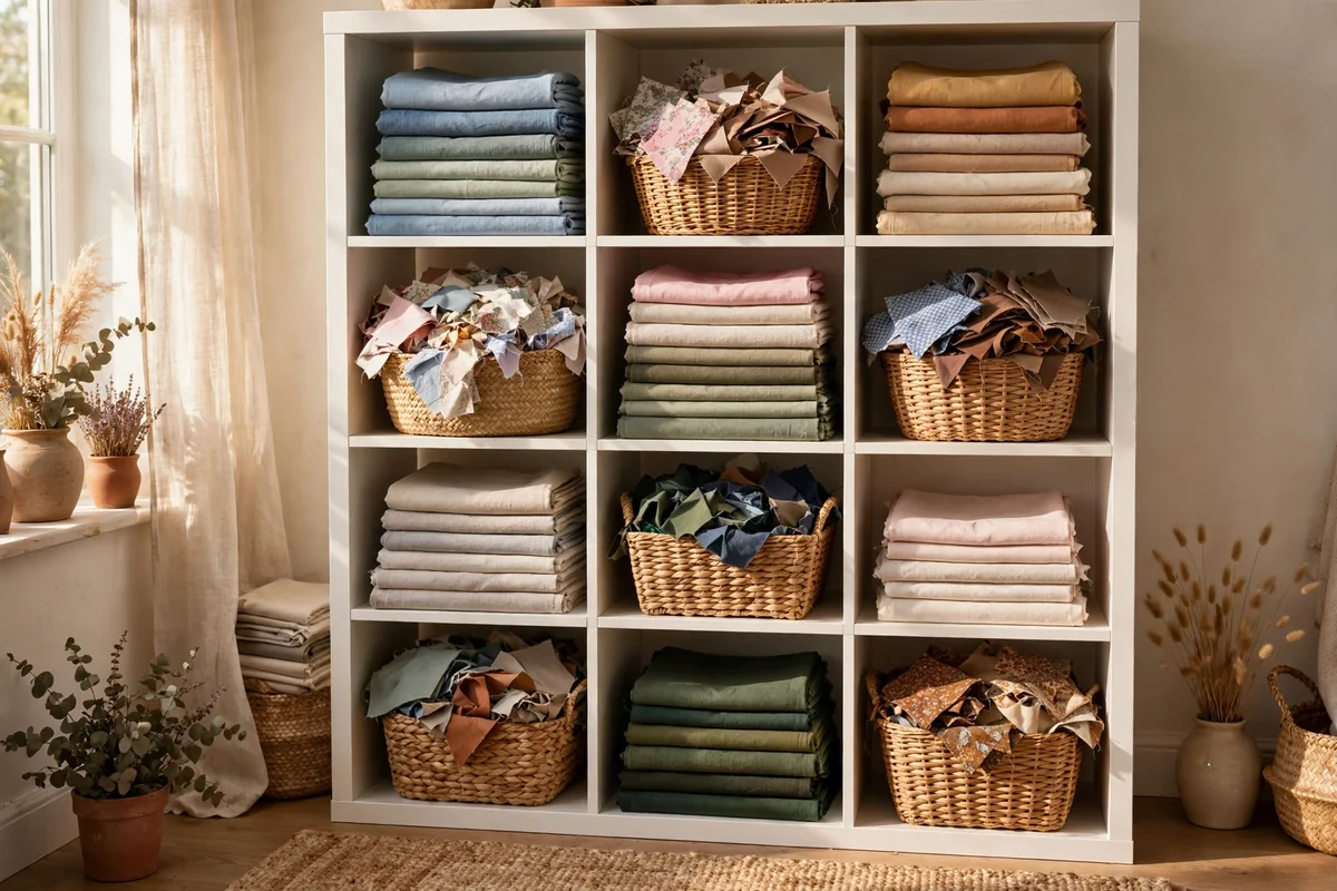 White cube shelves mixing folded fabric displays with woven hideaway baskets