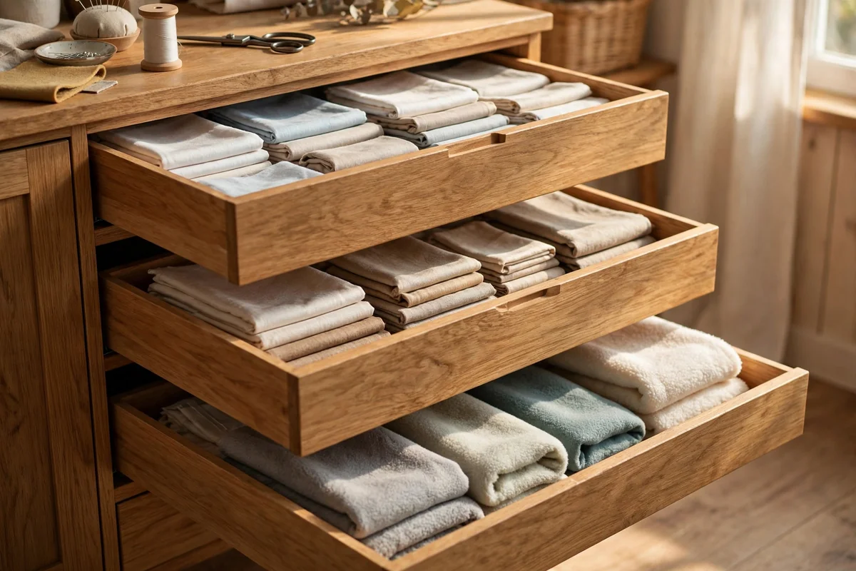 Cabinet with shallow pull-out drawers opened to show fabrics sorted by material