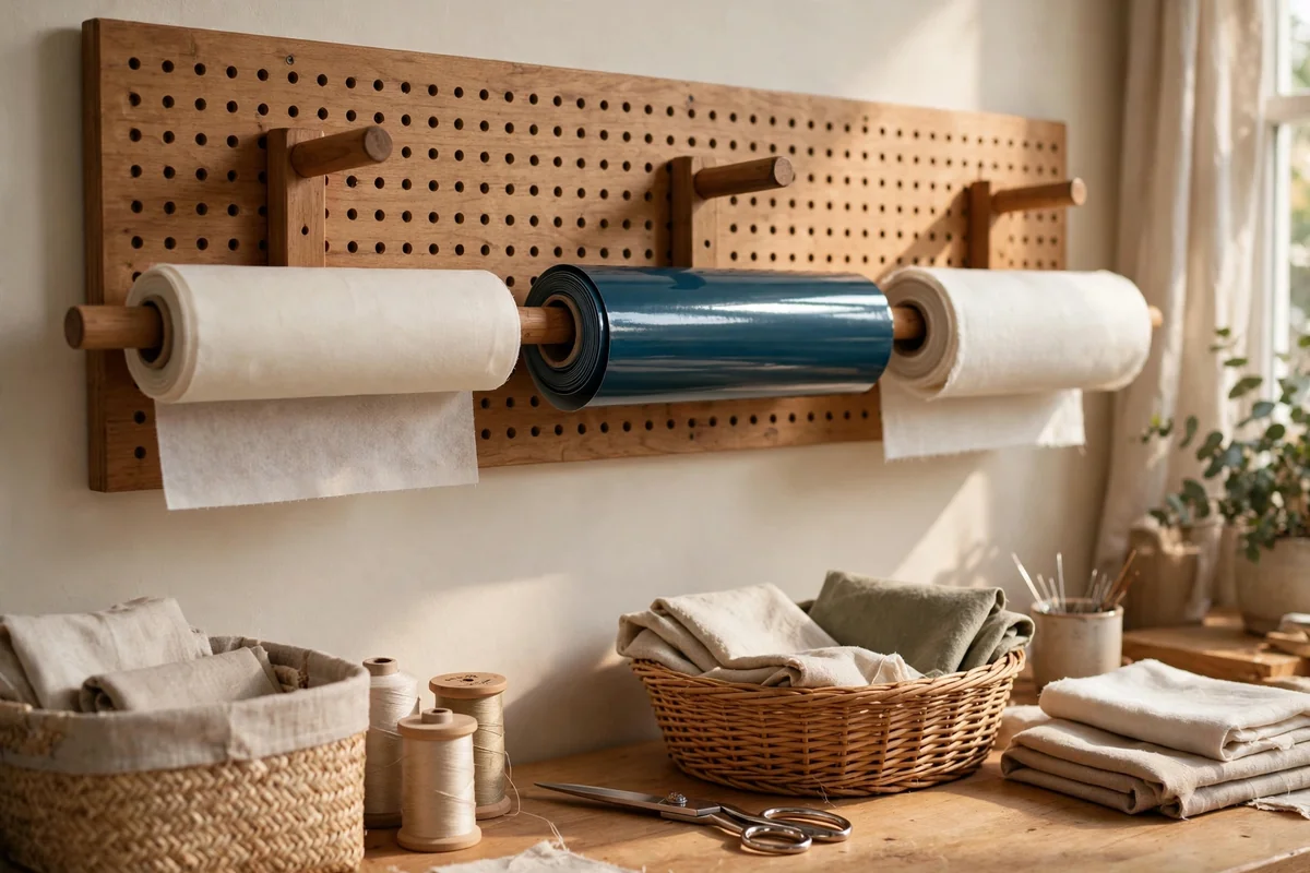 Wooden pegboard rail holding rolls of interfacing, vinyl and stabiliser on sturdy pegs