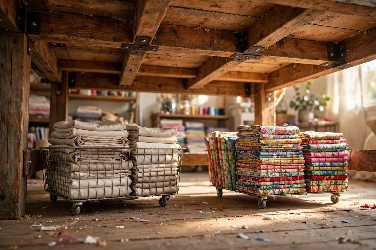 Rolling wire baskets filled with folded fabrics beneath a wooden cutting table