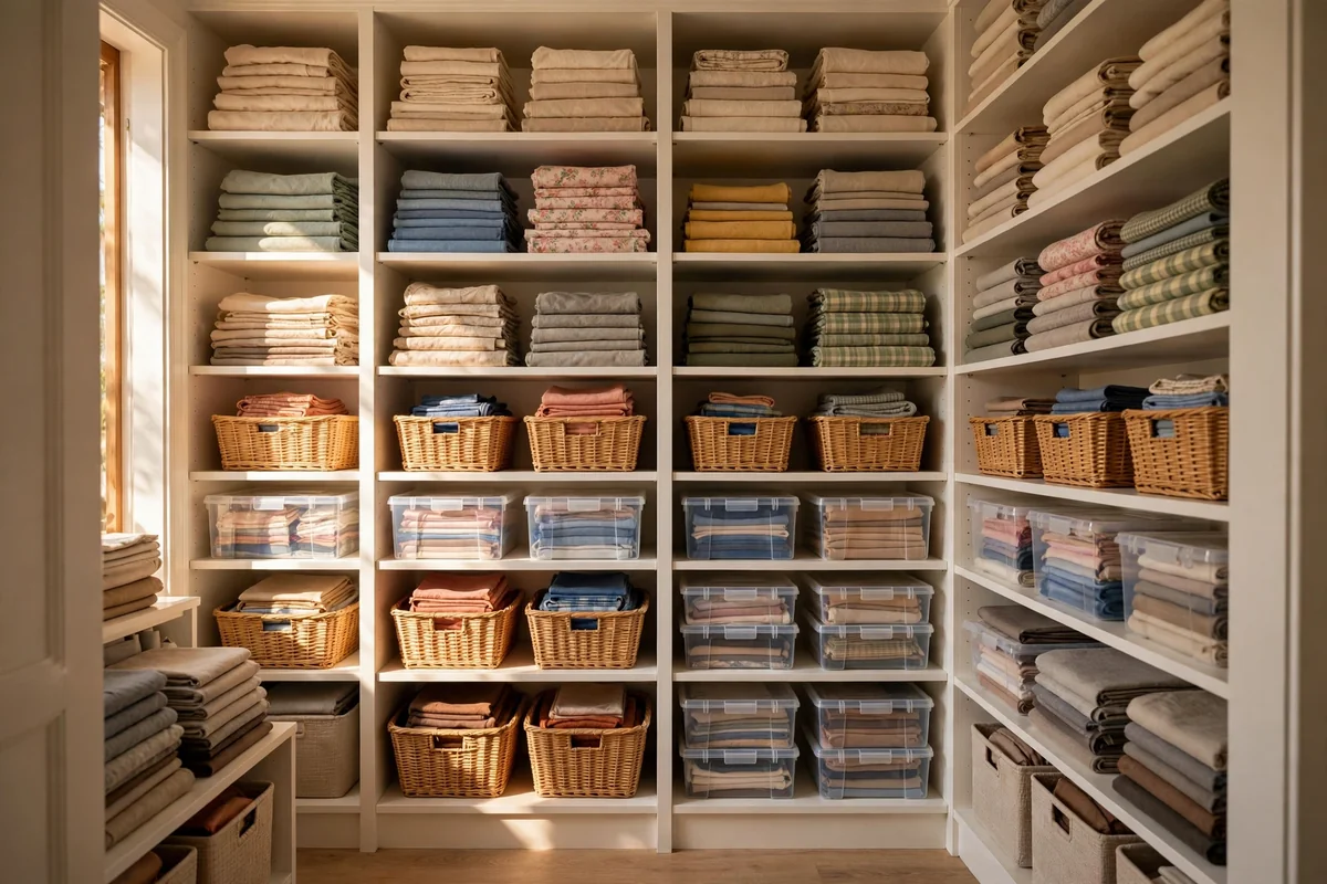Sewing closet with floor-to-ceiling shelves of folded fabrics, baskets and project boxes