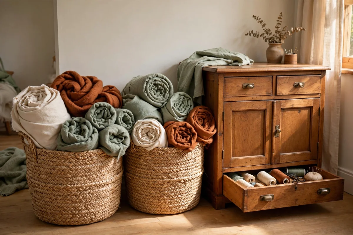 Oversized woven seagrass baskets filled with rolled linen and wool fabrics