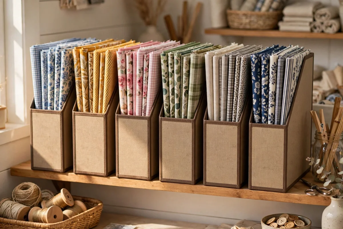 Magazine file holders on a shelf filled with fat quarter bundles standing upright