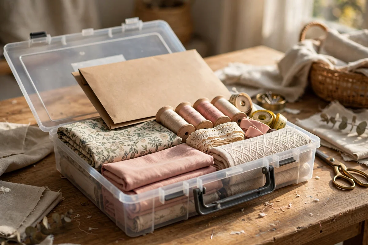 Open project box holding coordinating fabrics, a pattern, thread spools and trim together