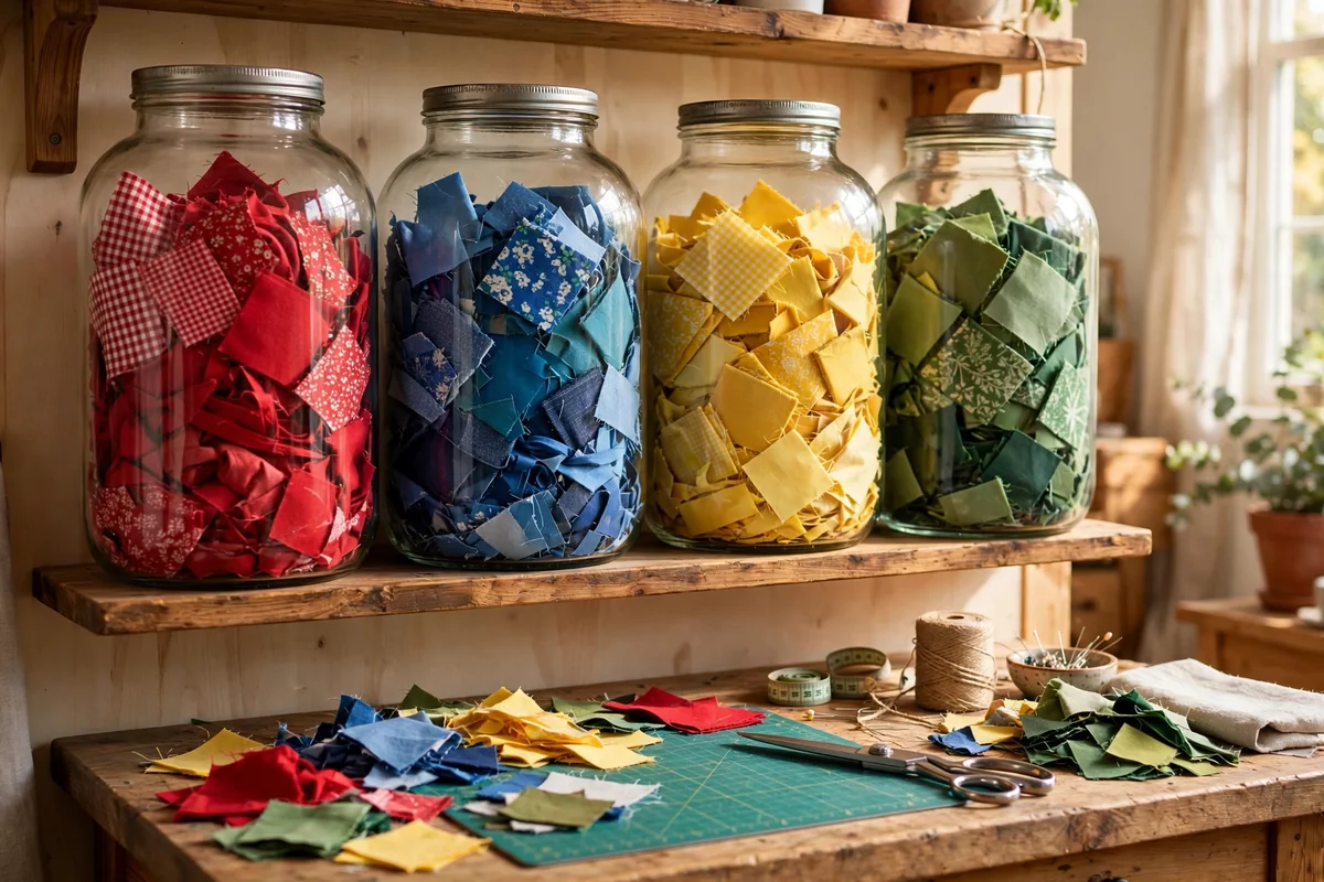 Clear glass jars filled with fabric scraps sorted by colour on a wooden shelf