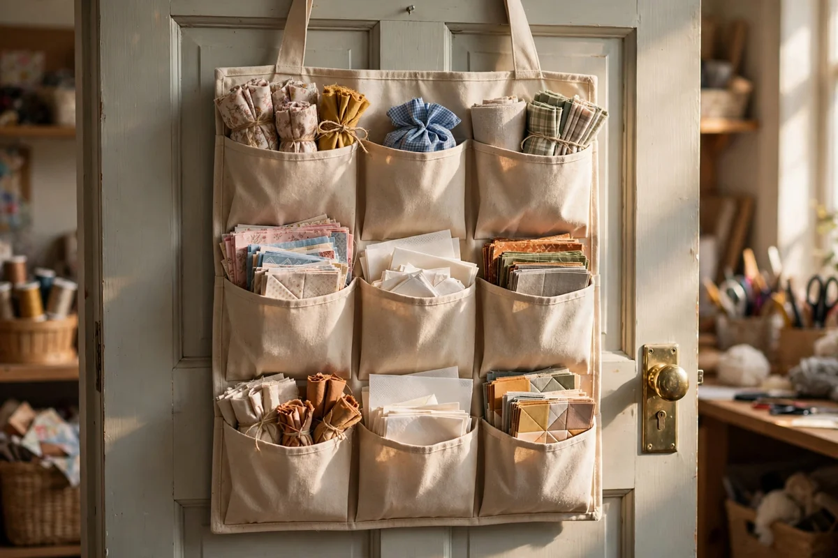 Hanging canvas door organizer with pockets holding fabric bundles and pre-cut squares