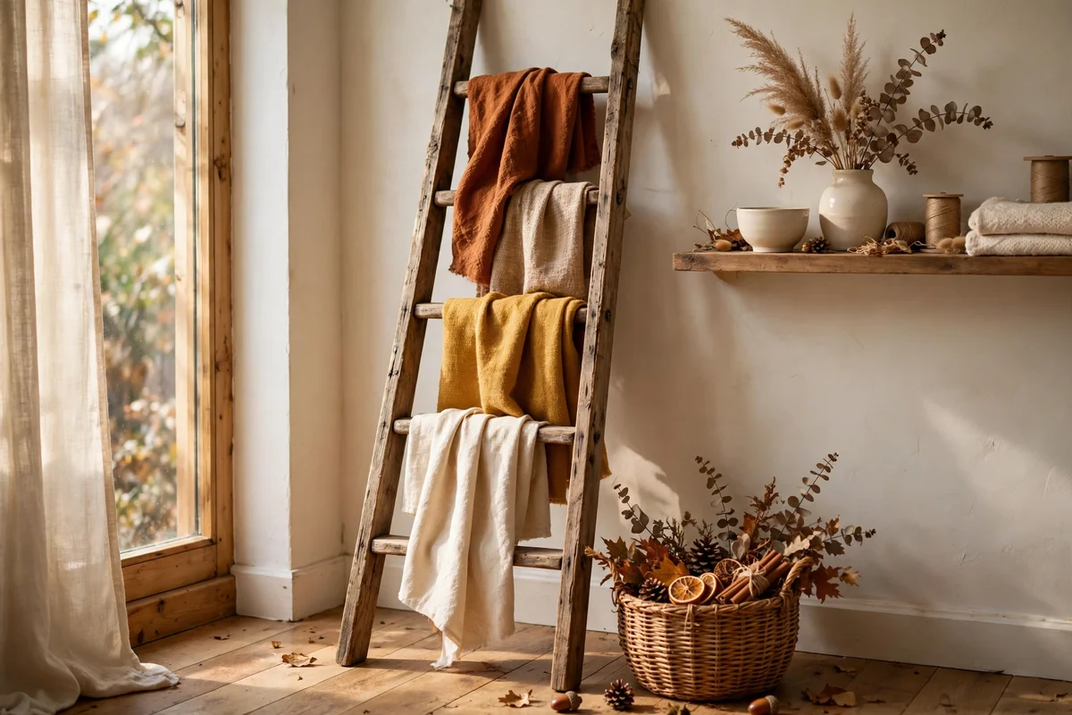 Wooden ladder leaning against a wall draped with seasonal fabrics in autumn tones