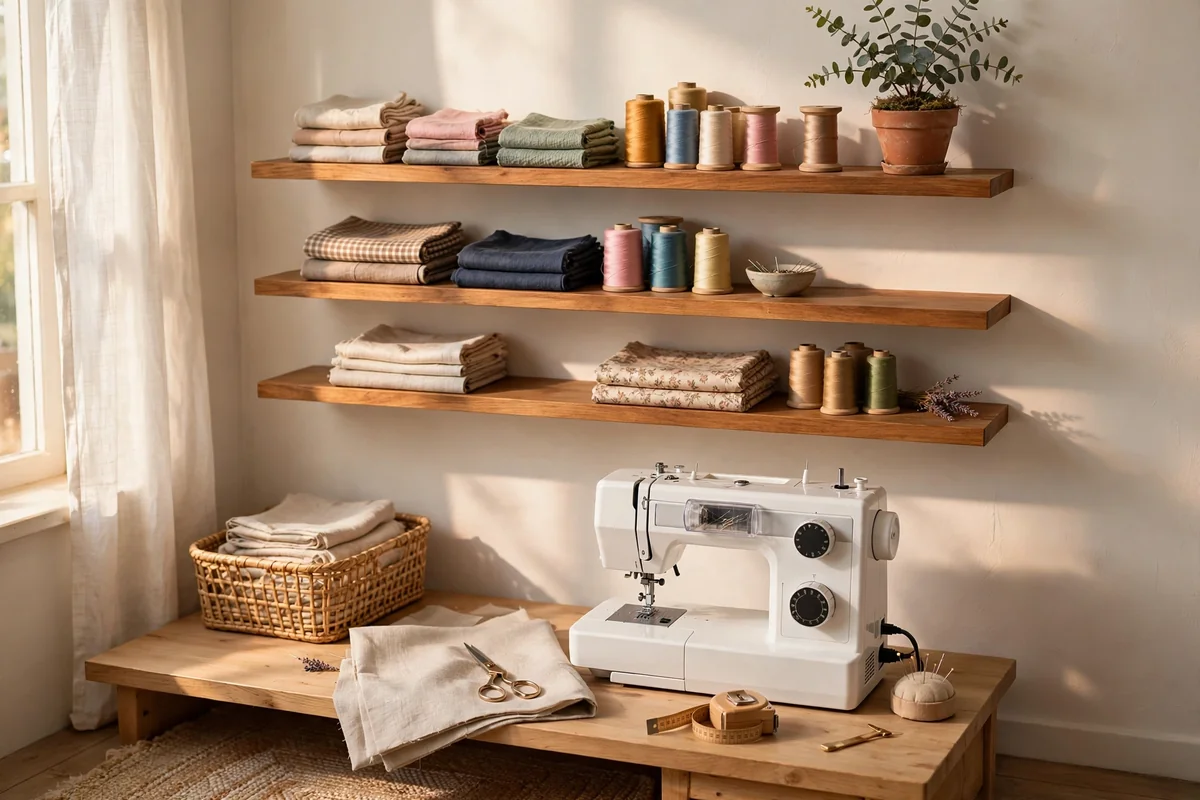 Floating wooden shelves above a sewing machine holding fabric stacks, thread and a plant