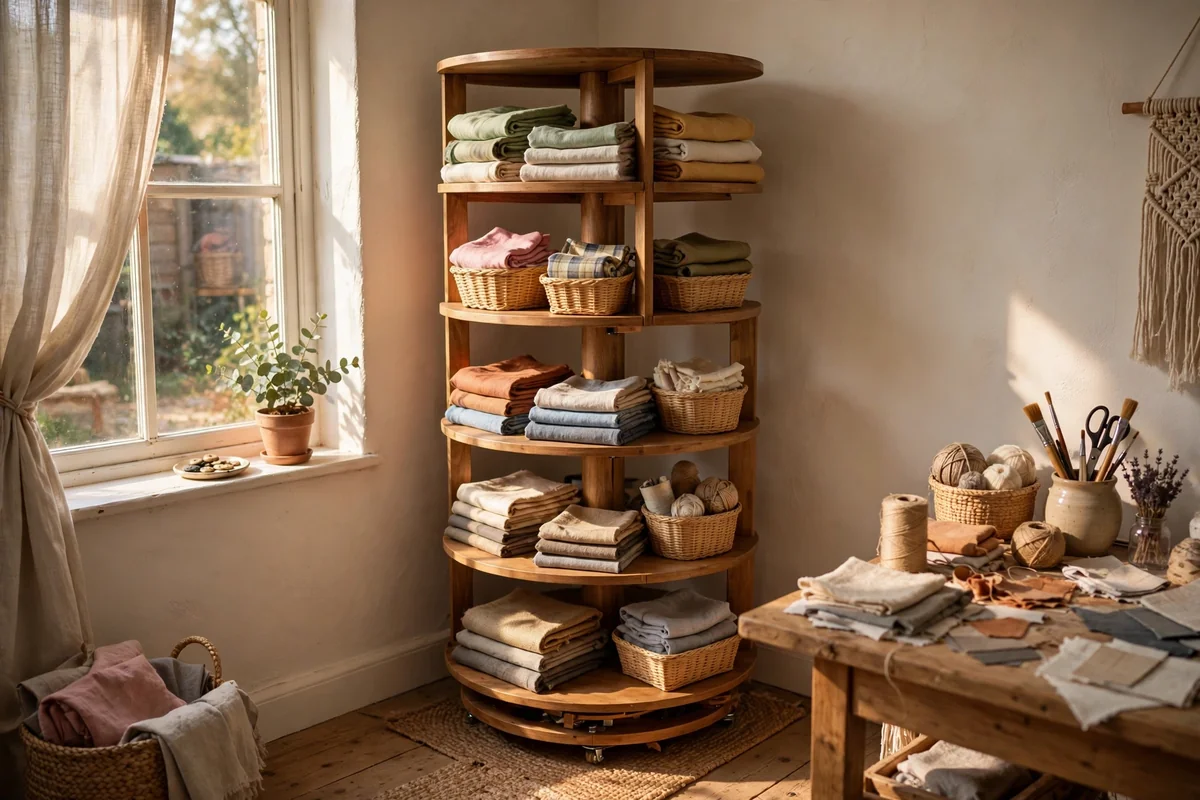 Rotating corner shelving tower holding folded fabrics and small baskets in a craft room corner