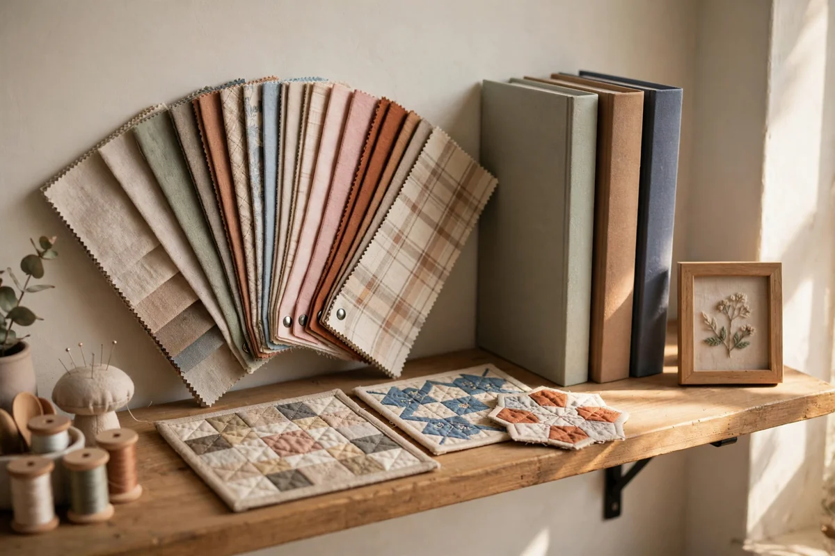 Inspiration shelf with fabric swatch fans, sewing books and finished quilted samples