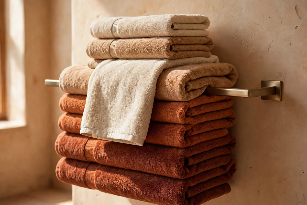 Clay colored bath towels in gradated folds hanging on a bathroom rail