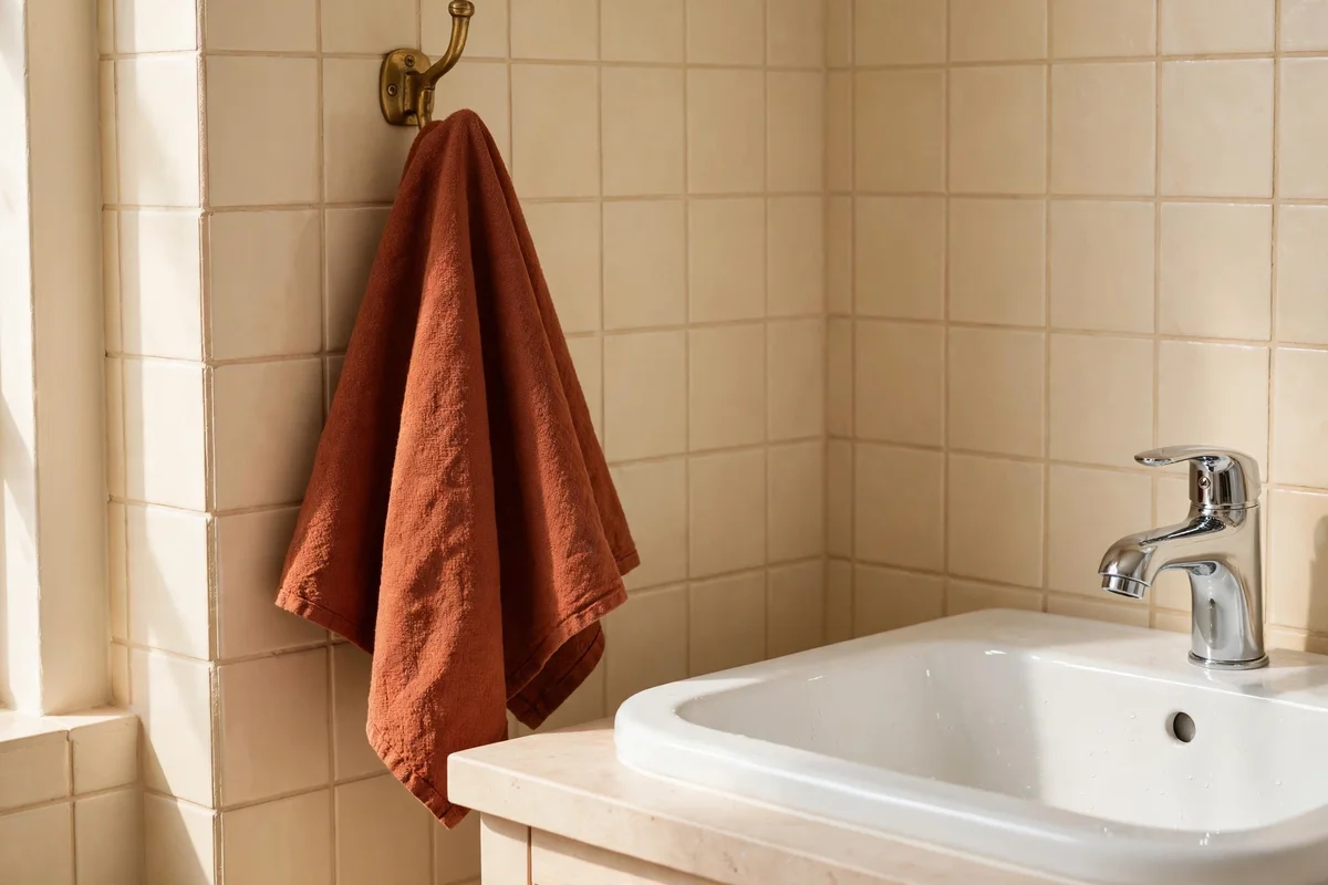 Rust hand towel hanging on a brass hook beside a bathroom sink