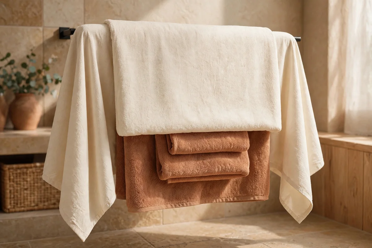 Cream bath sheet draped over folded clay towels on a bathroom rack