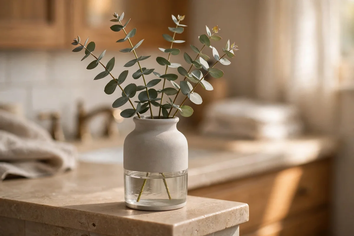 Fresh eucalyptus stems in a plain stoneware vase on a bathroom vanity