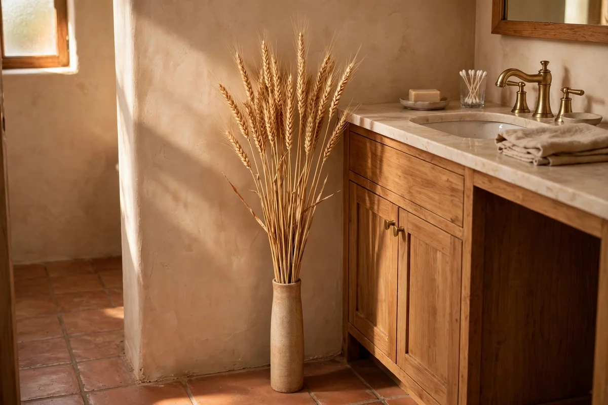 Dried wheat stems standing in a tall narrow vase in a bathroom corner