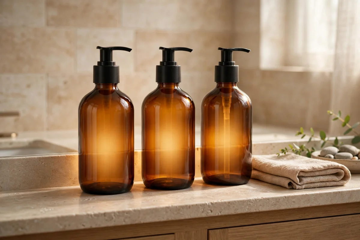 Label free amber glass pump bottles lined along a bathroom vanity