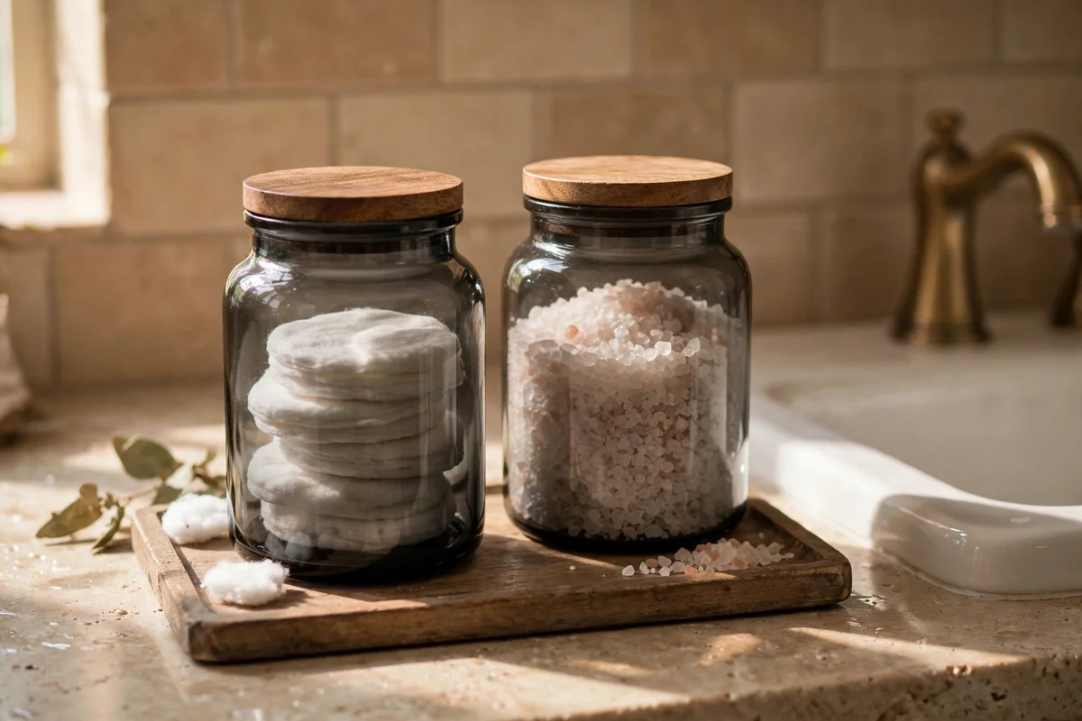Smoke glass jars with wooden lids holding cotton rounds and bath salts