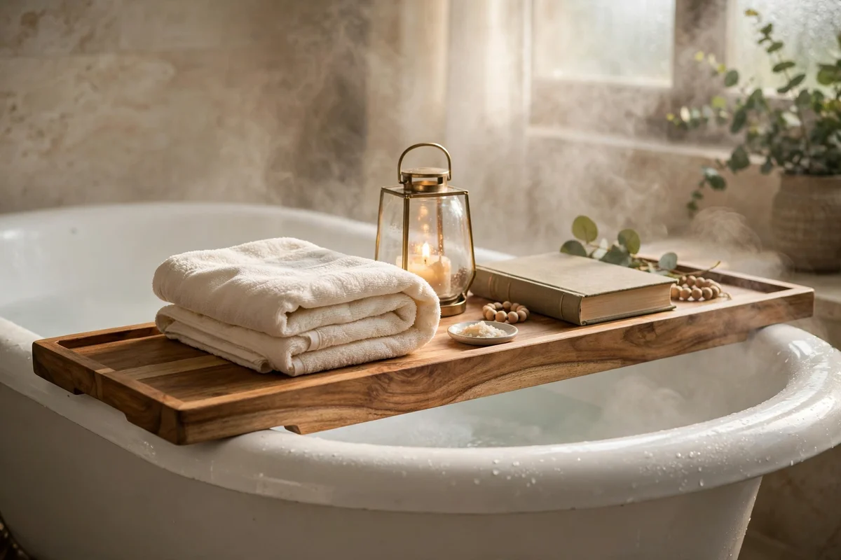 Wooden bath tray resting across the edge of a bathtub
