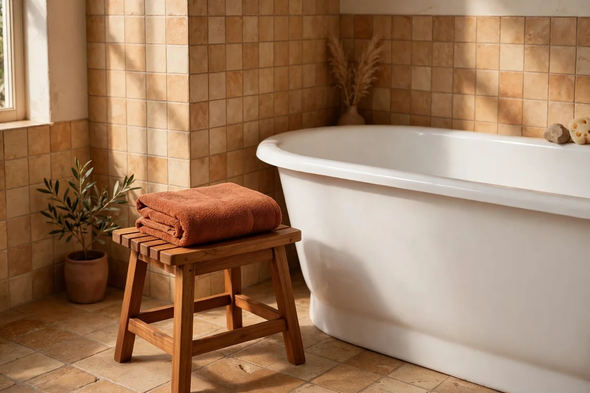 Small wooden stool beside a bathtub holding folded towels