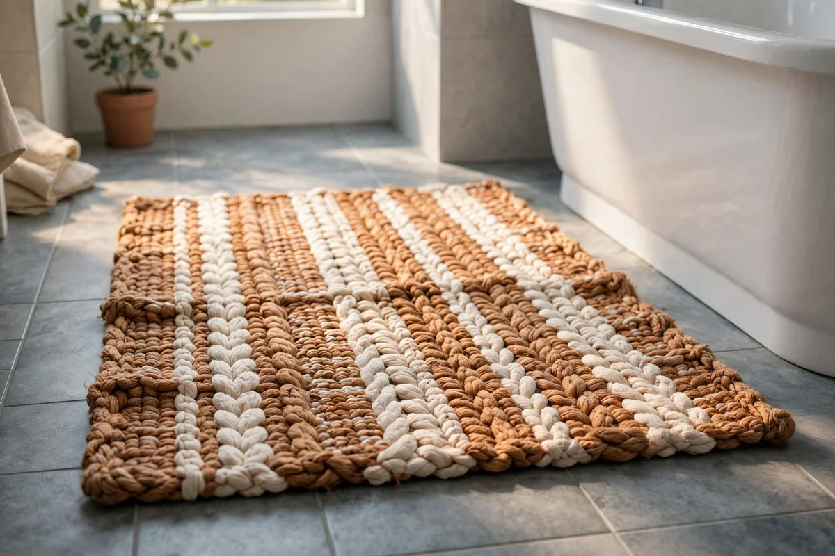 Thick woven bath mat in clay tones laid over bathroom tiles