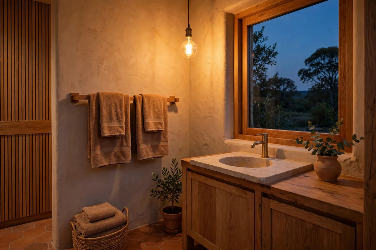 Bathroom glowing with warm light from a 2700K bulb