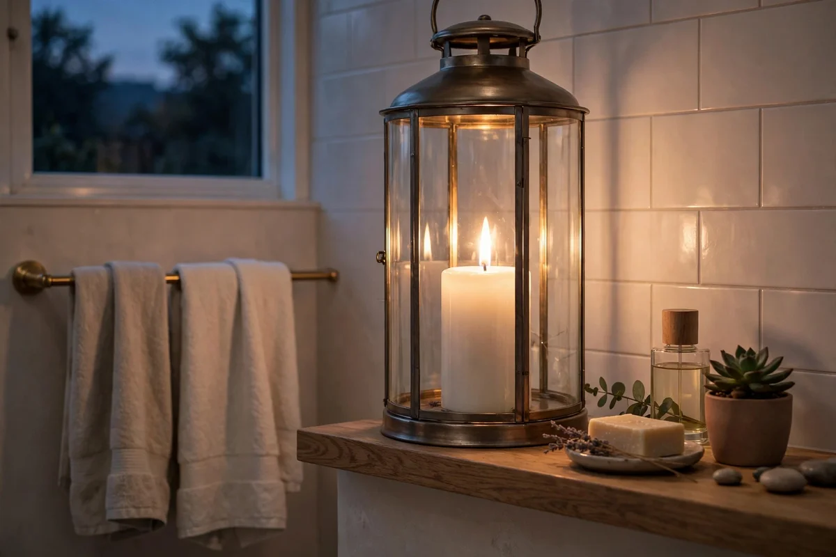 Candles burning inside glass lanterns on a bathroom shelf away from towels