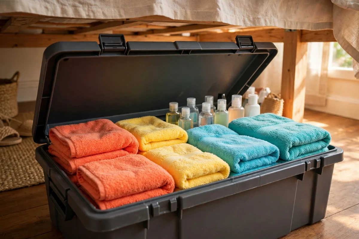 Labeled storage box holding folded summer bathroom towels and accessories