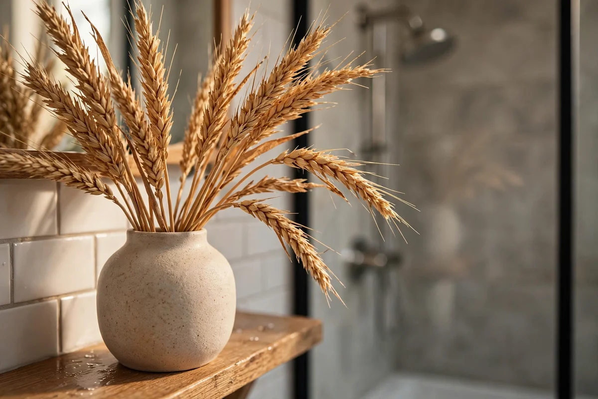 Hand checking dried wheat stems in a vase for dampness in a bathroom
