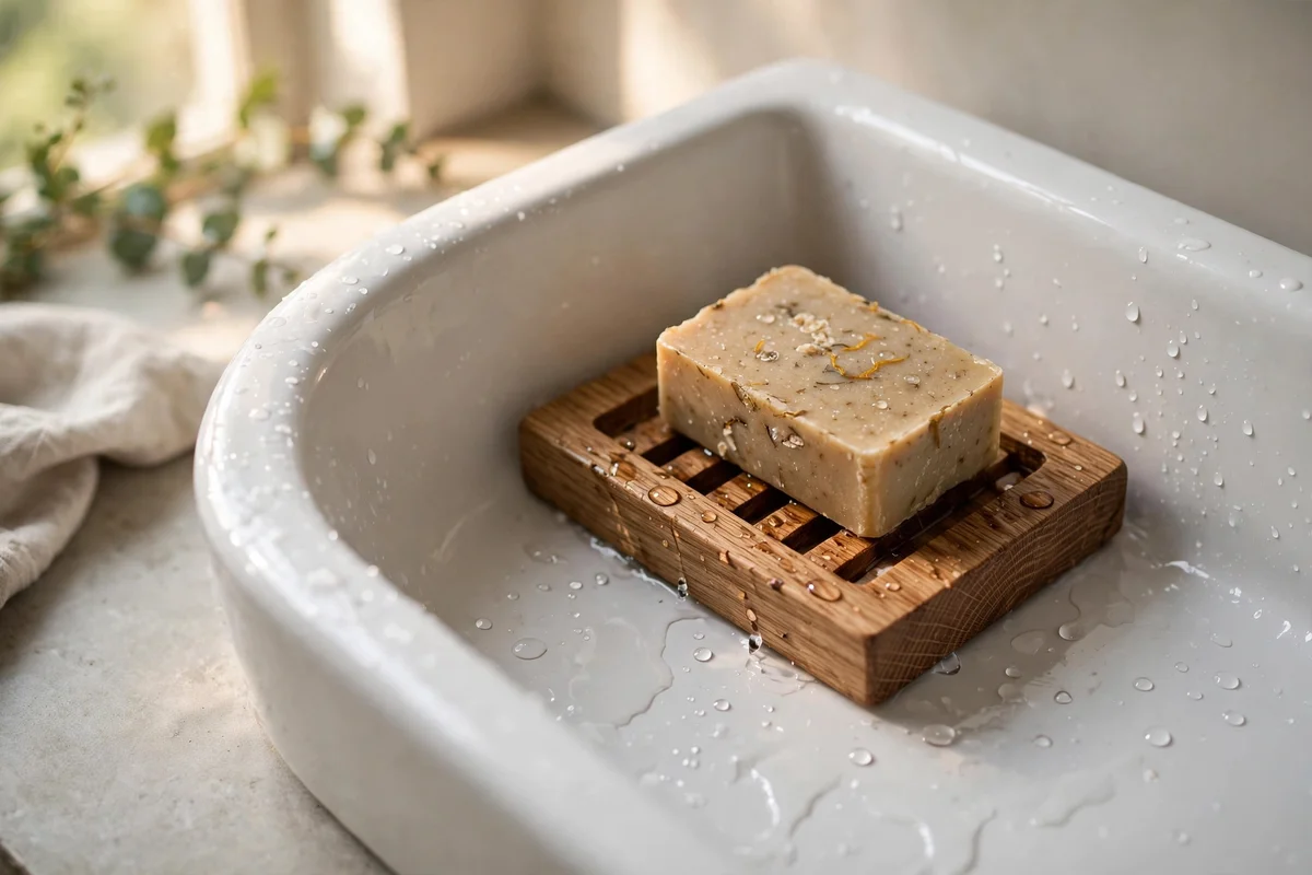 Small oak soap dish with drainage grooves beside a bathroom basin