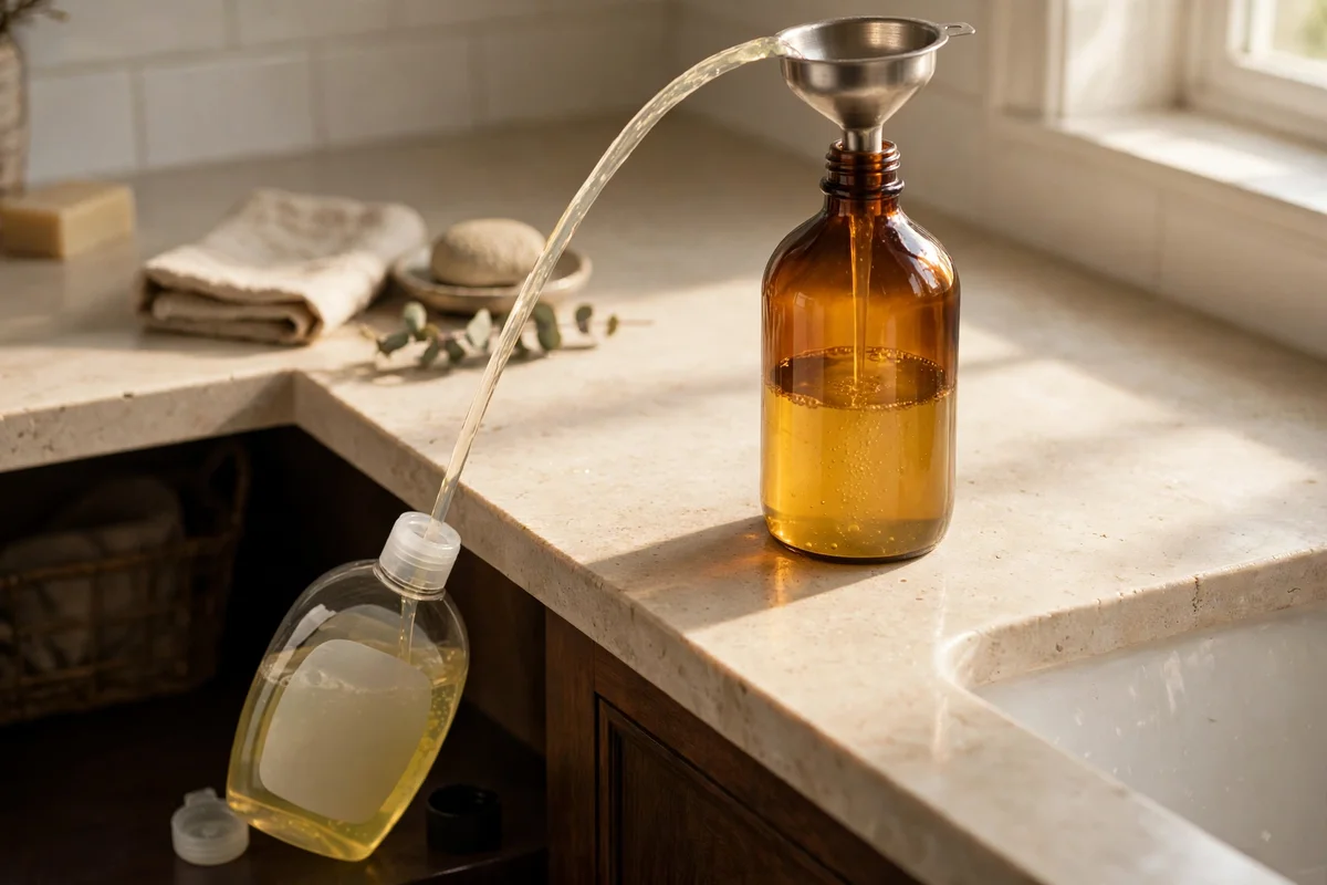 Amber glass pump bottle being refilled with liquid hand soap using a funnel