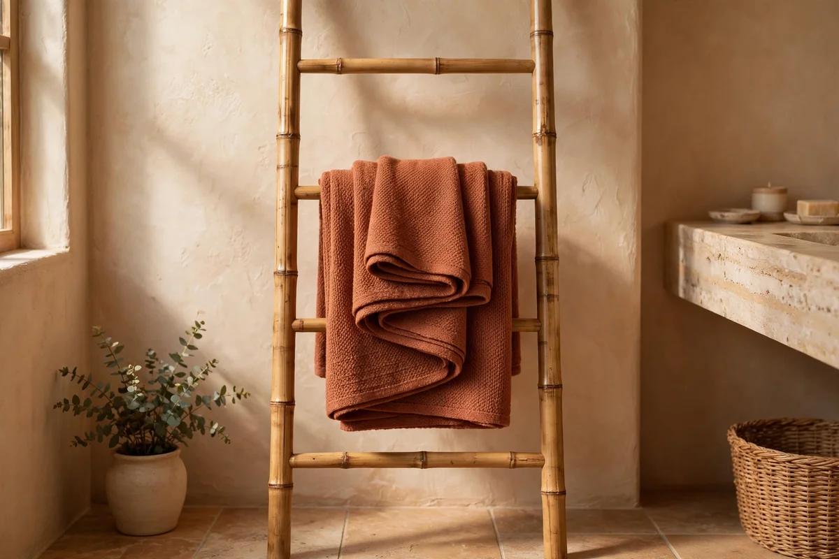 Rust throw folded over a freestanding bamboo towel ladder in a bathroom