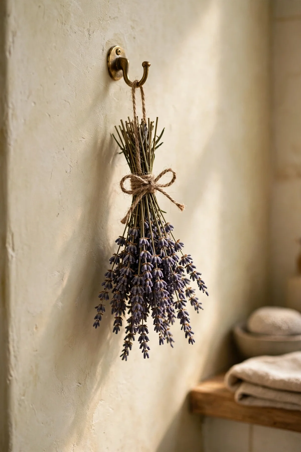 Small bunch of dried lavender hanging from a brass hook on a bathroom wall