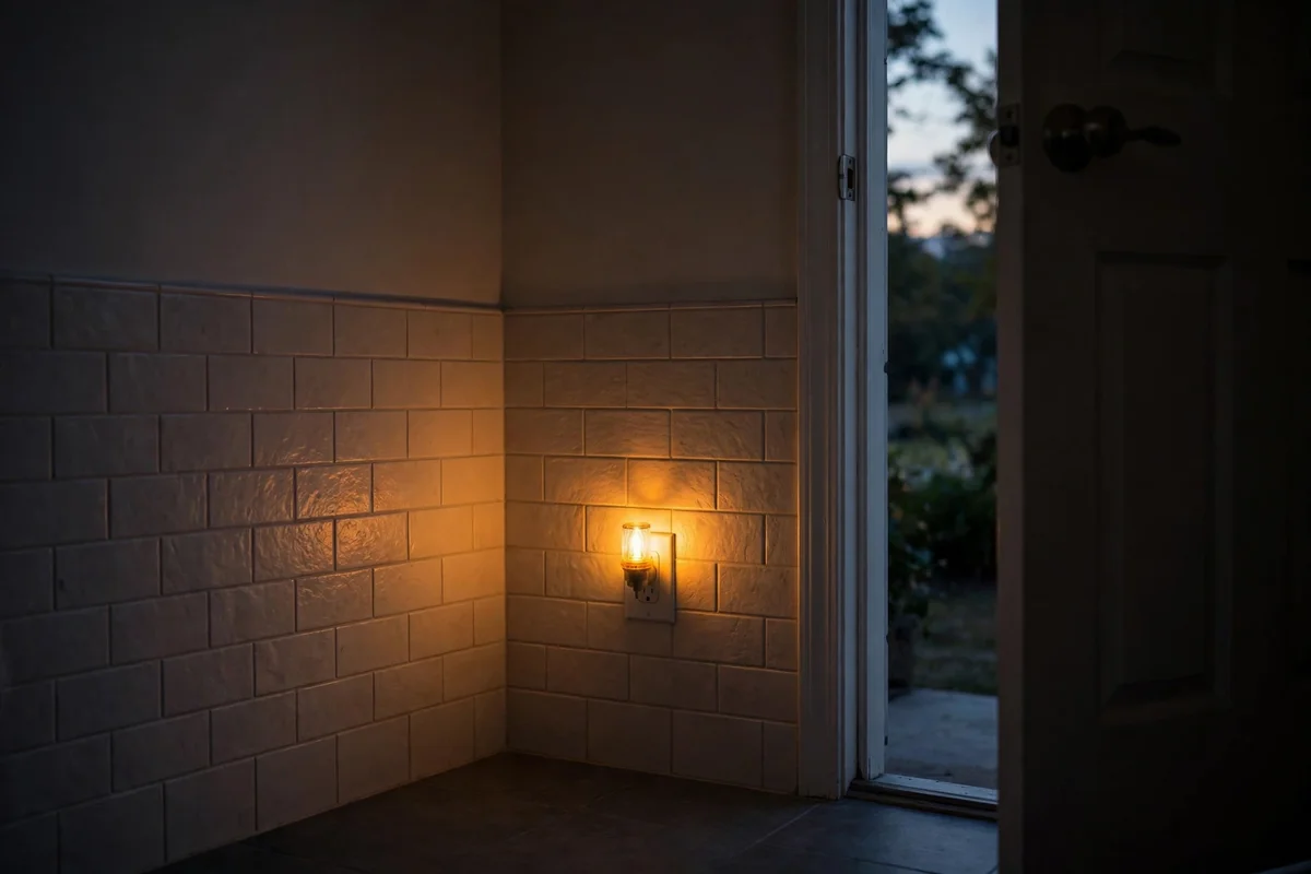 Plug-in amber night light glowing softly in a dark bathroom corner