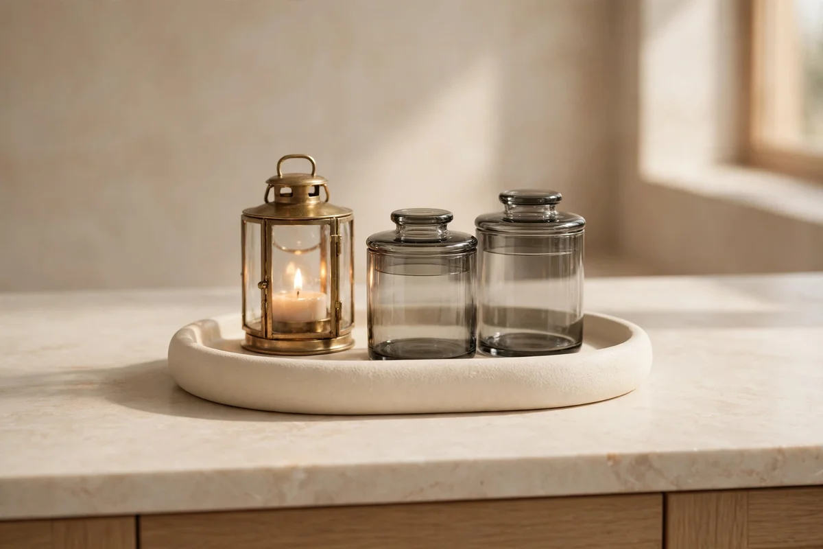Ceramic tray on a vanity holding a glass lantern and small jars