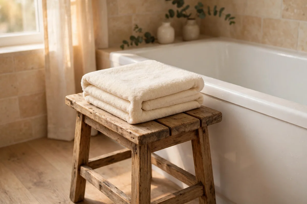 Cream hand towel folded over a small wooden stool beside a bathtub
