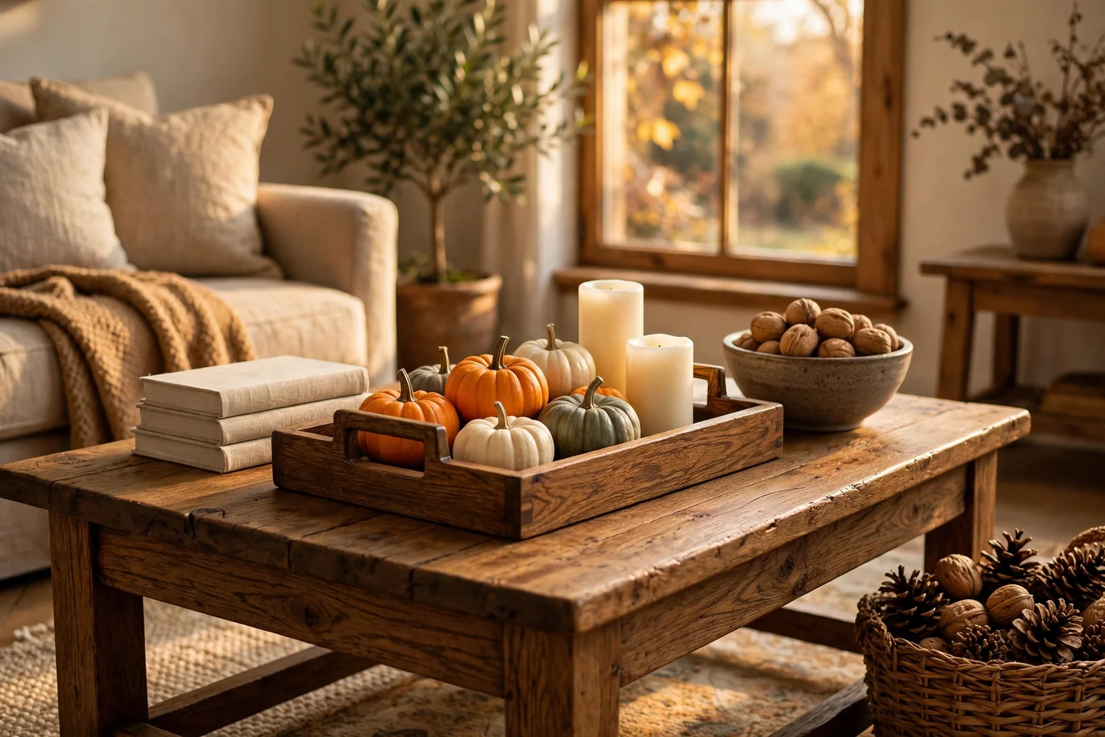 Autumn styled coffee table with oak tray, pumpkins, candles, books and walnut bowl in warm light