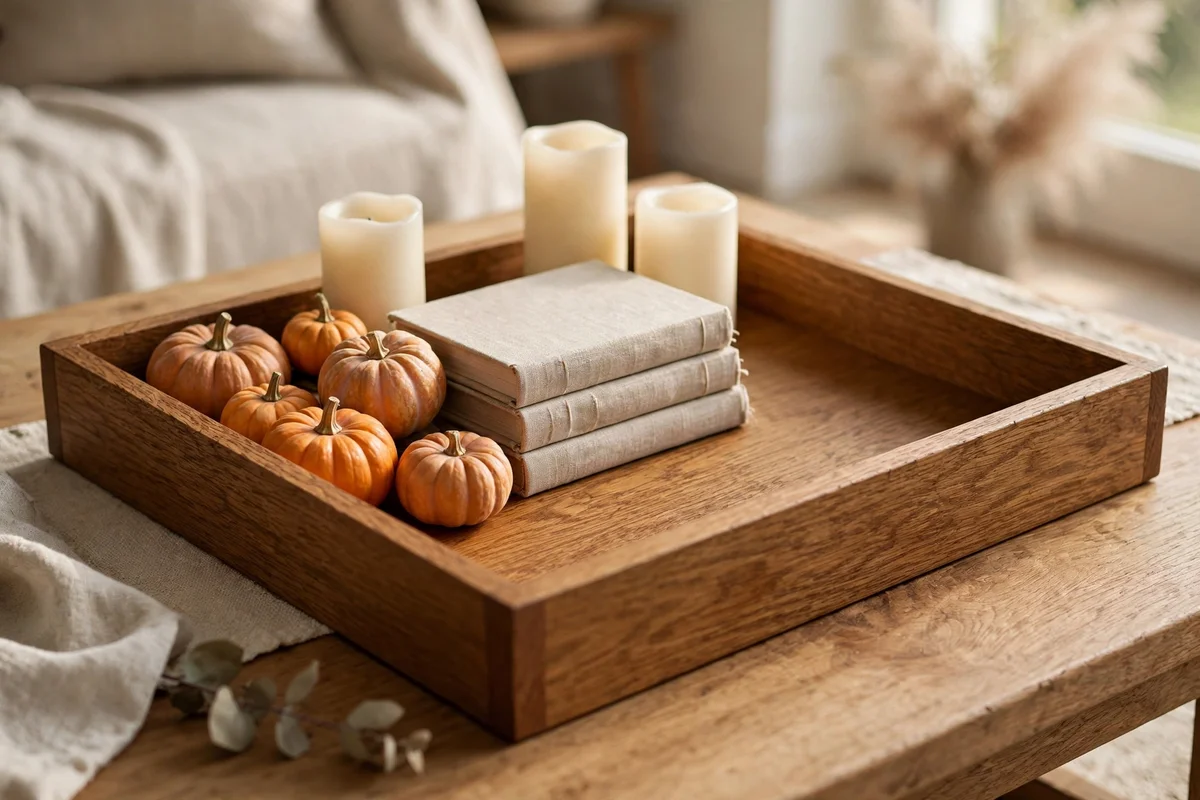 Wooden tray on coffee table corralling pumpkins, books and flameless candles