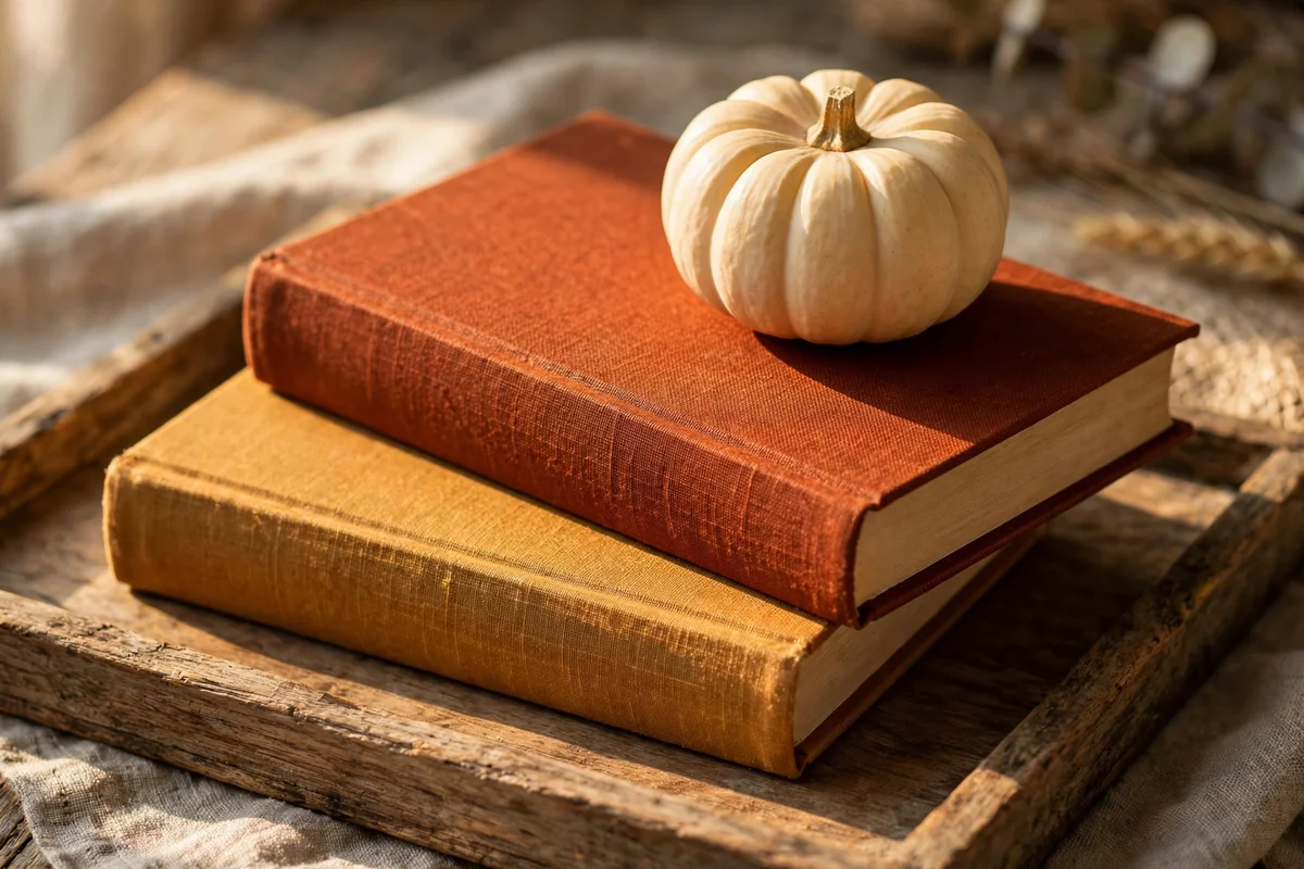Stacked clothbound books lifting a small pumpkin on a tray