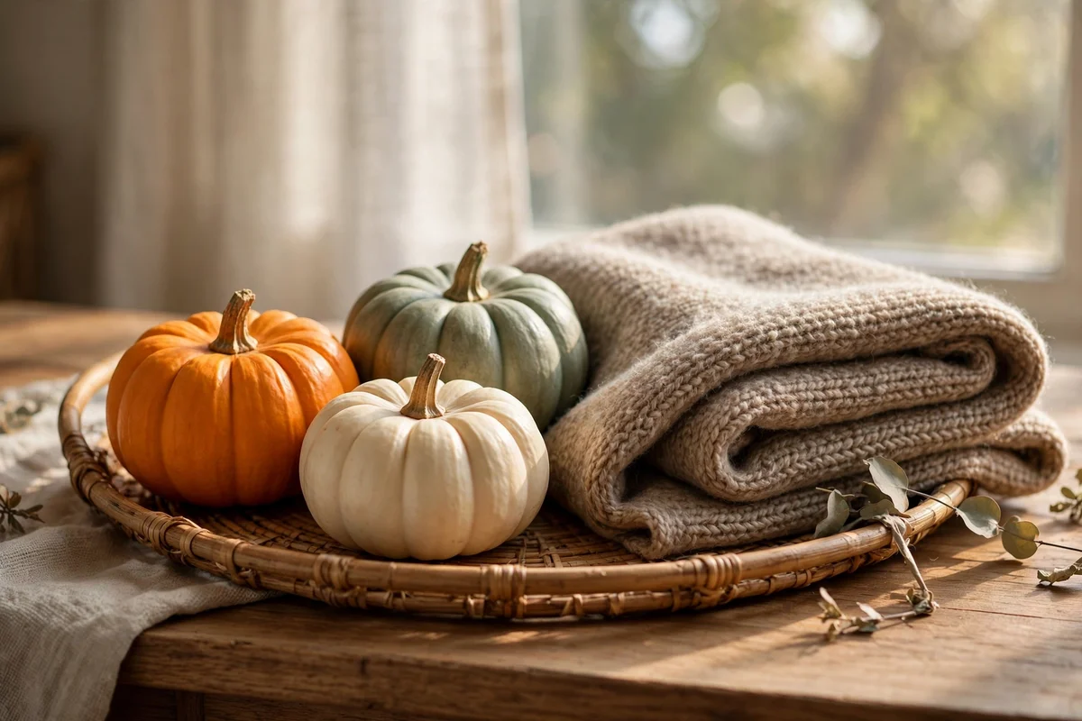 Trio of mini pumpkins in mixed colours beside a folded throw