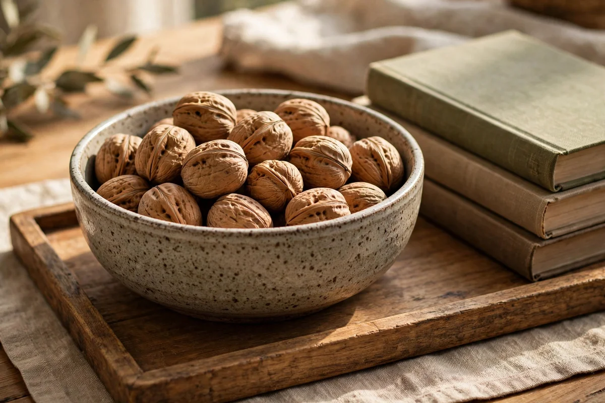 Stoneware bowl of walnuts in shells on a coffee table tray