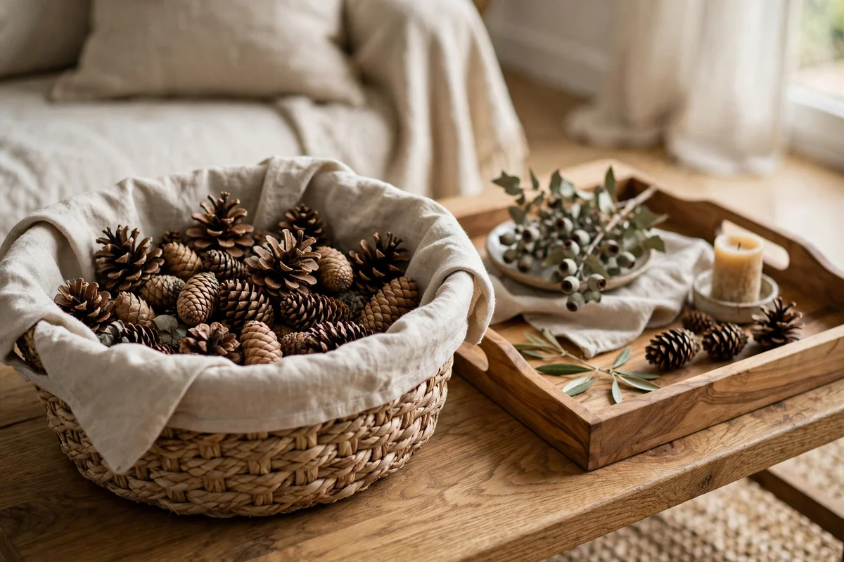 Woven basket of pinecones beside an autumn coffee table tray