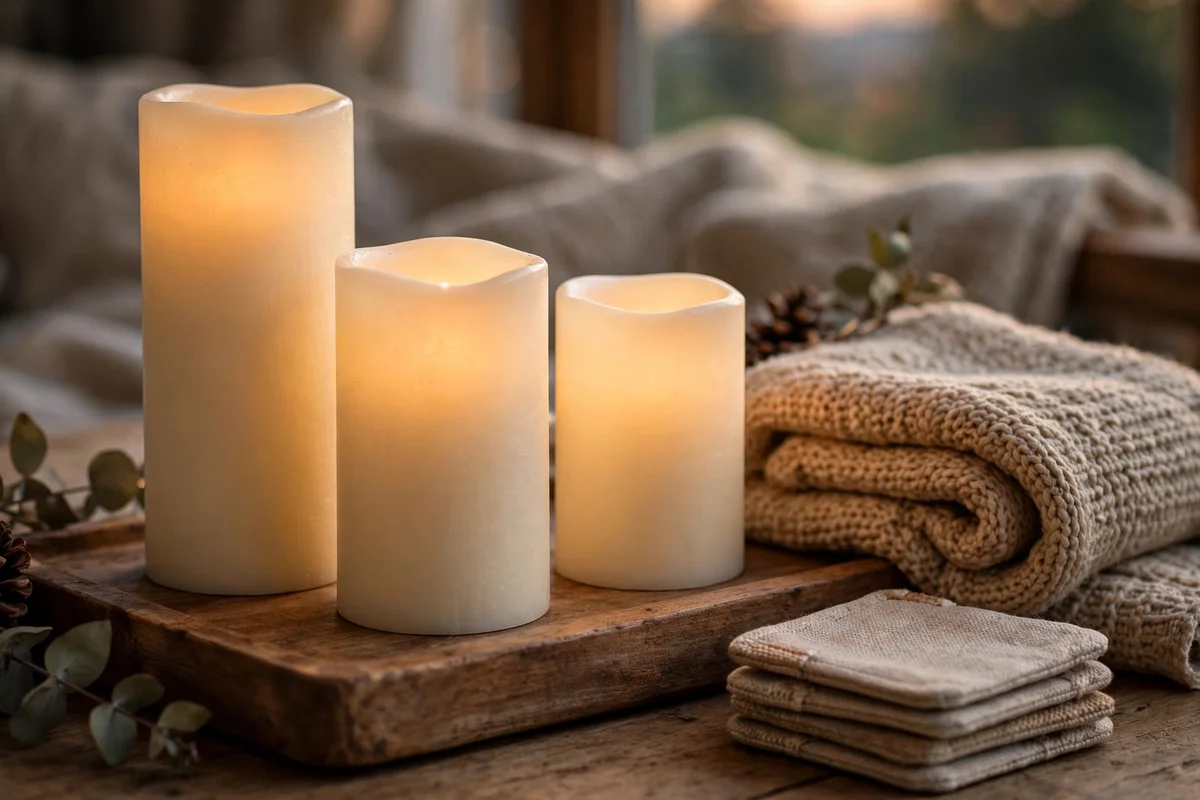 Flameless pillar candles glowing near fabric on a coffee table