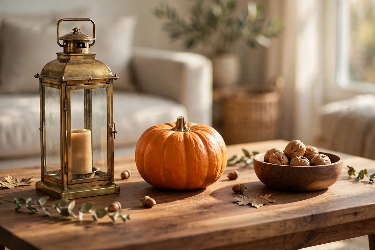 Trio of lantern, pumpkin and bowl arranged in odd numbers