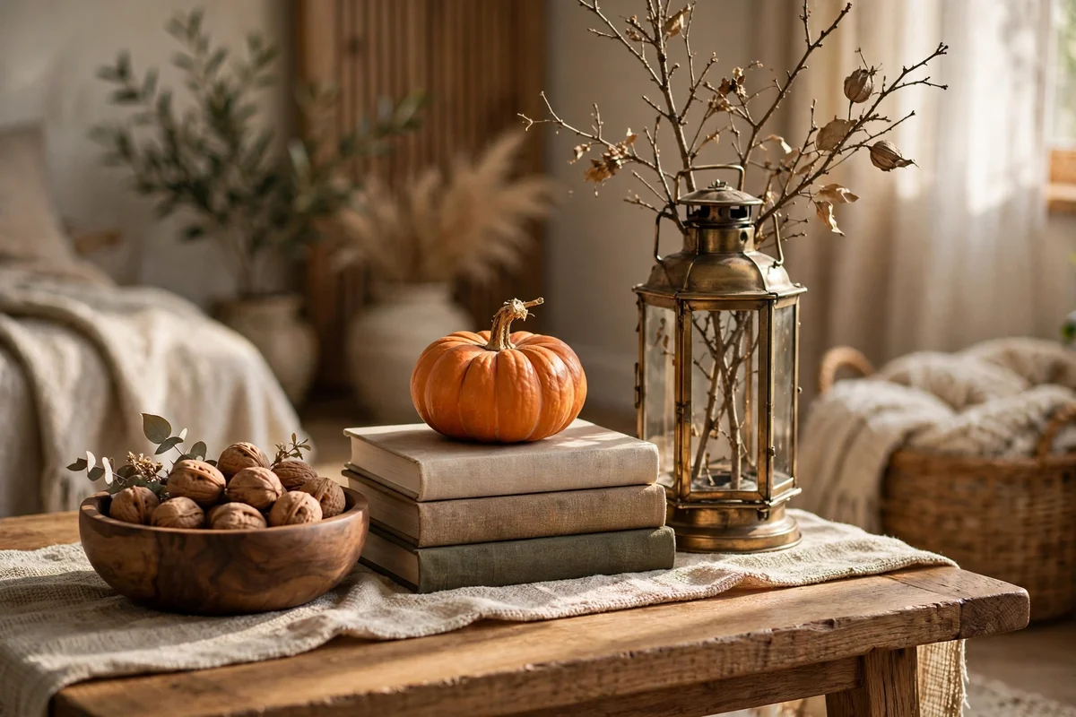 Coffee table with low medium and tall autumn decor levels