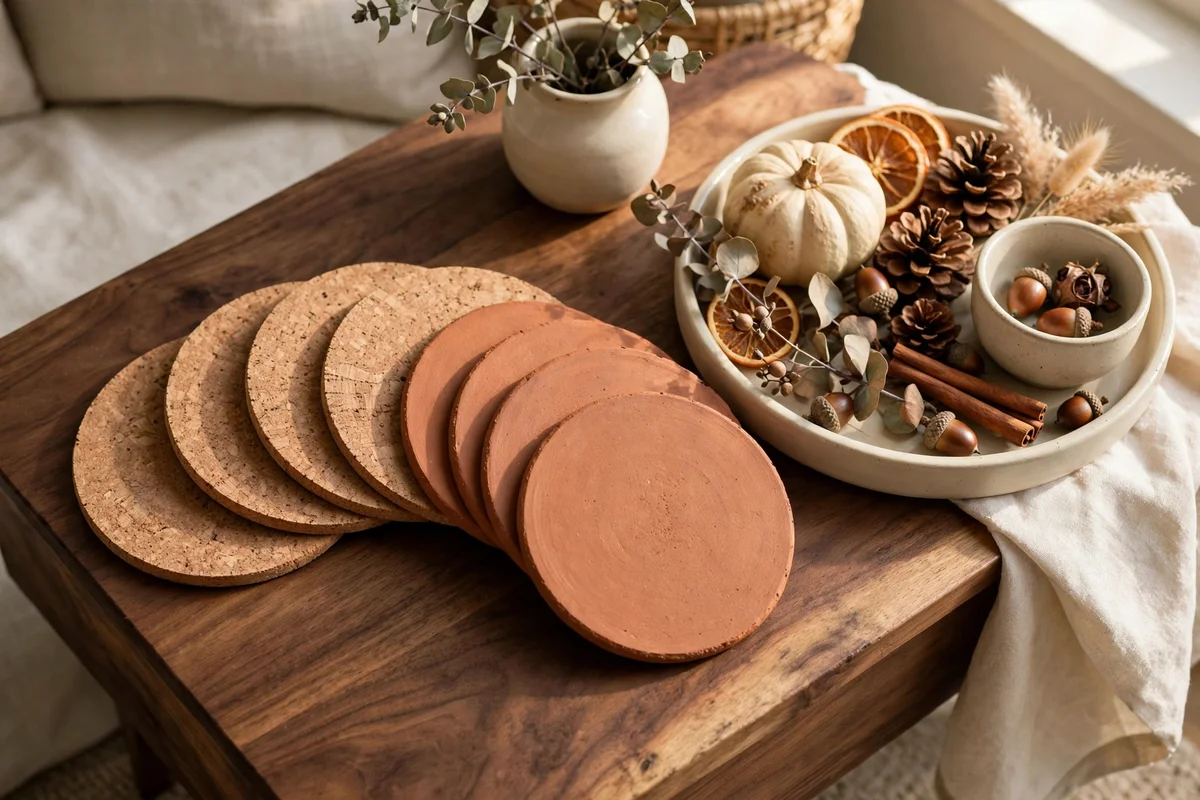 Terracotta and cork coasters matching the autumn palette