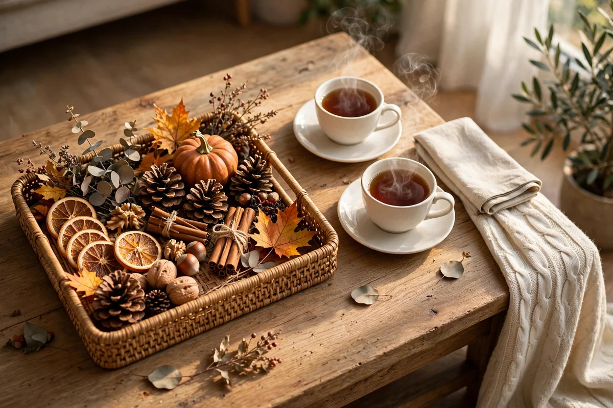 Clear table corner with teacups beside a styled autumn tray
