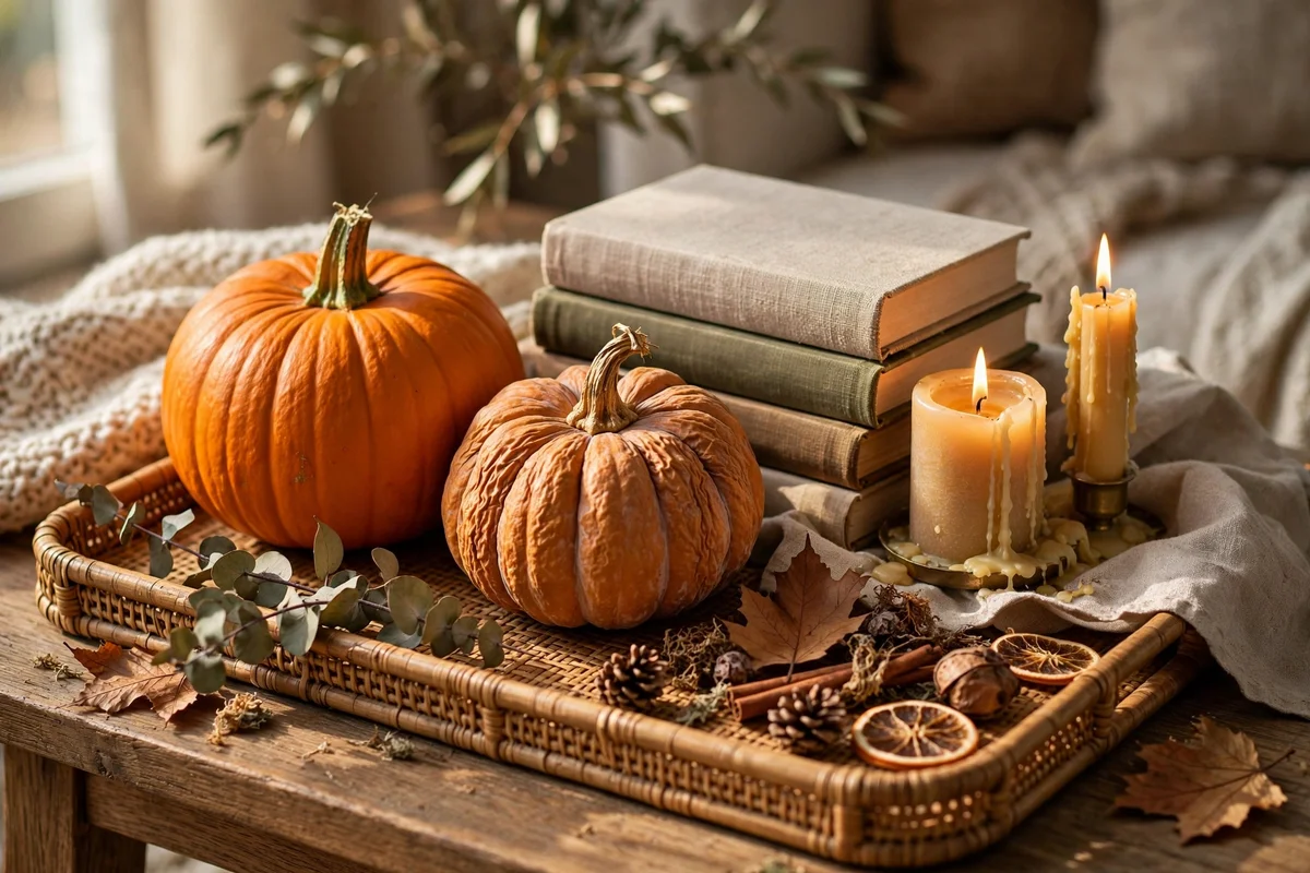 Fresh pumpkin swapped into a coffee table tray arrangement
