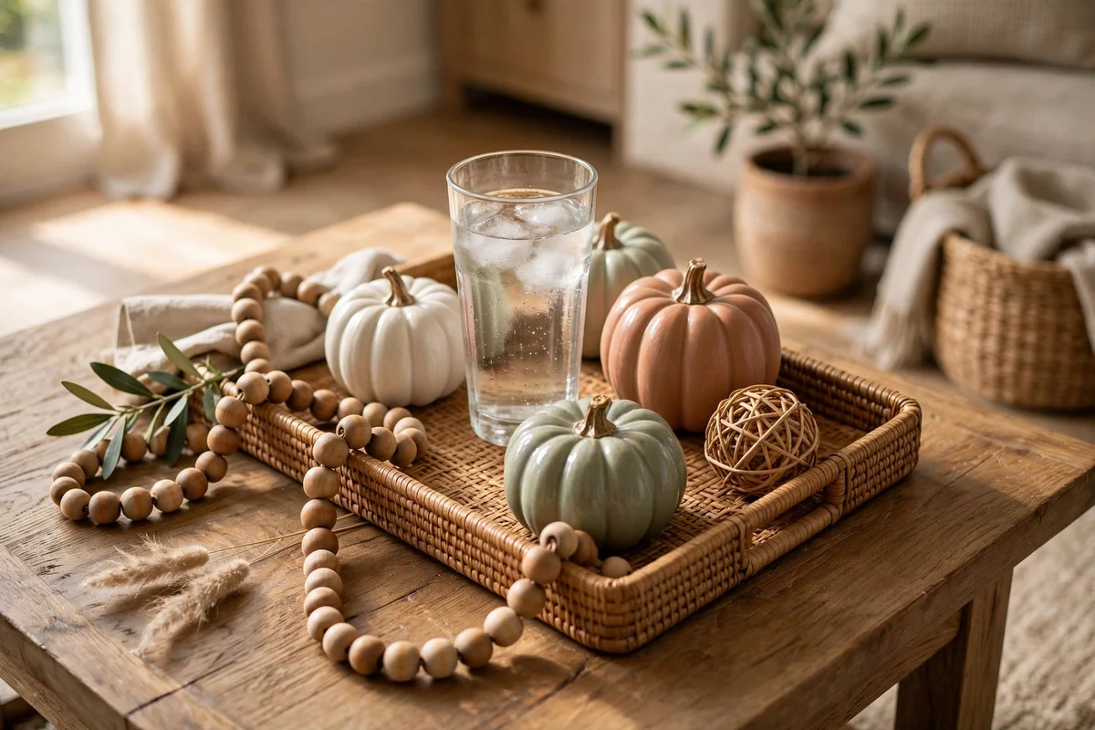 Wood and ceramic decor near table edges instead of glass
