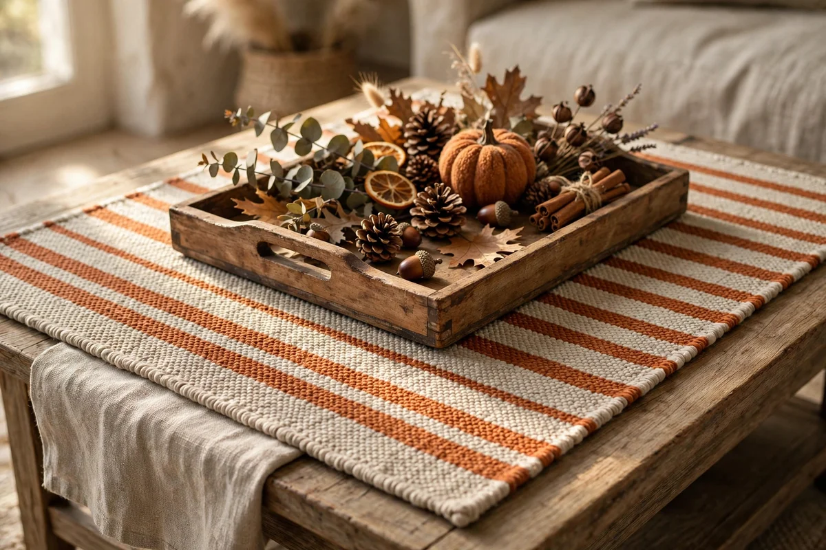Flatweave mat defining the tray zone on a coffee table